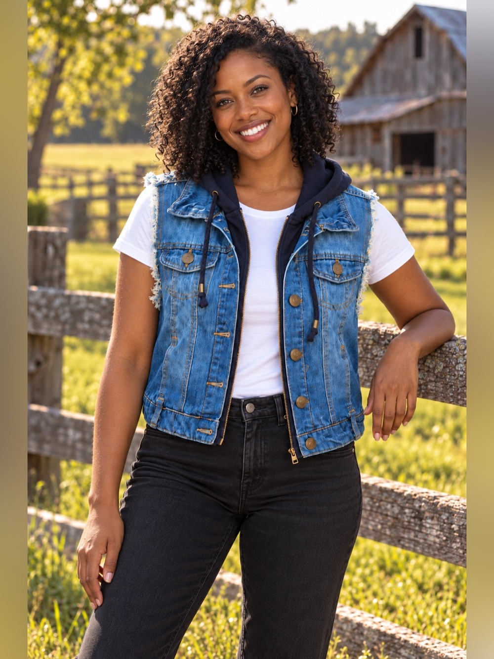 Highway Jeans Blue Denim Hooded Vest Frayed Sleeveless Size M